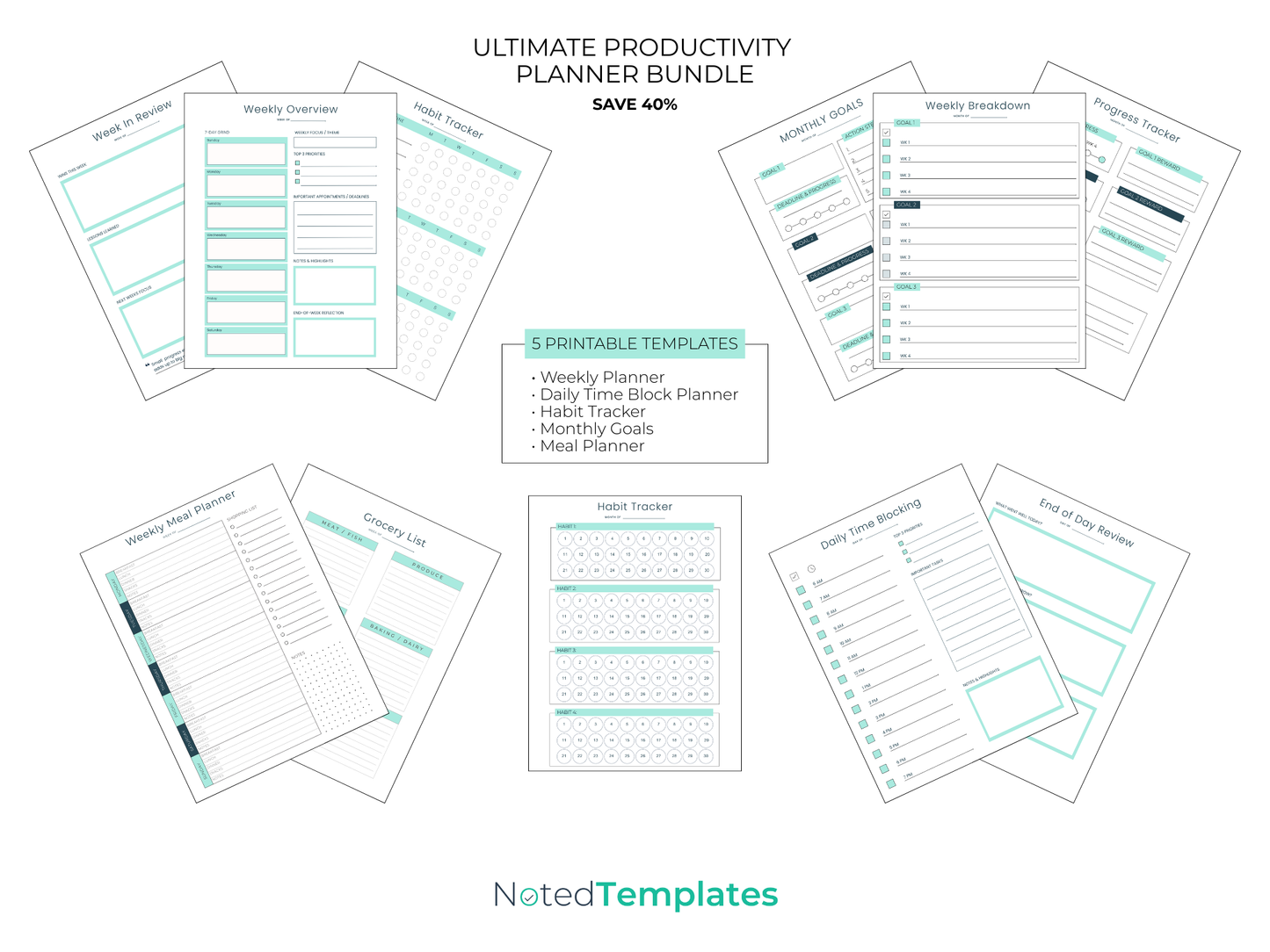 Ultimate Productivity Planner Bundle with NotedTemplates branding on a white background