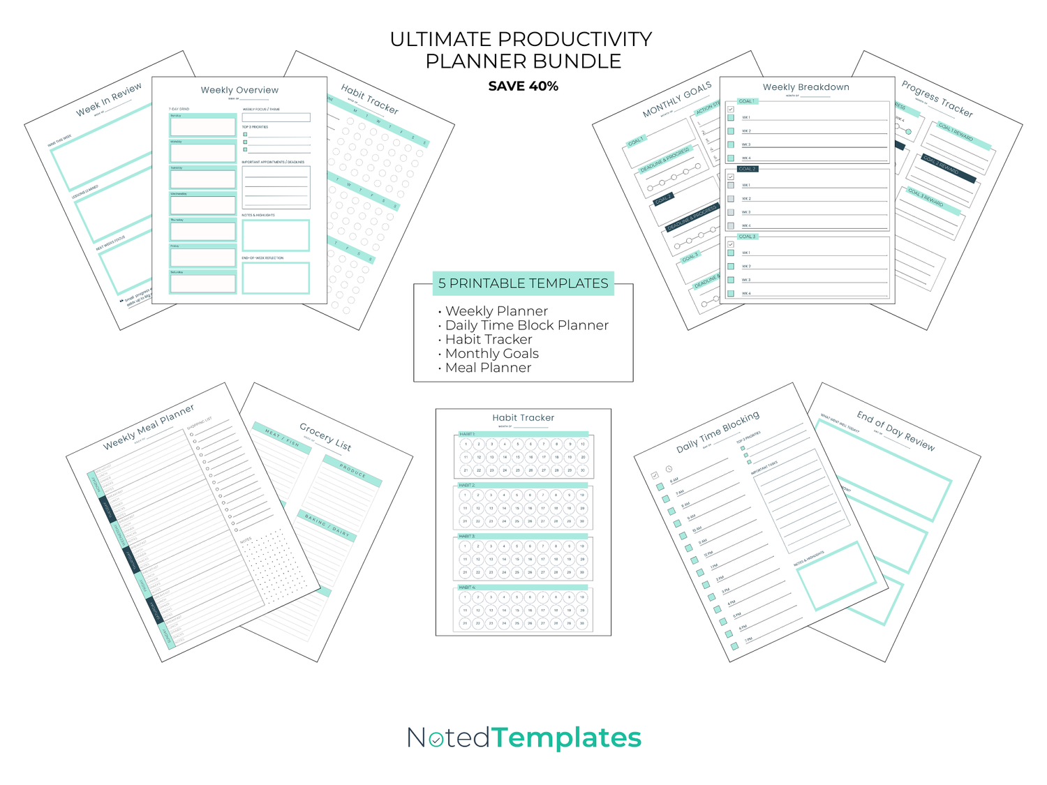 Ultimate Productivity Planner Bundle with NotedTemplates branding on a white background