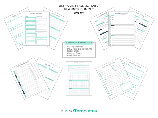 Ultimate Productivity Planner Bundle with NotedTemplates branding on a white background